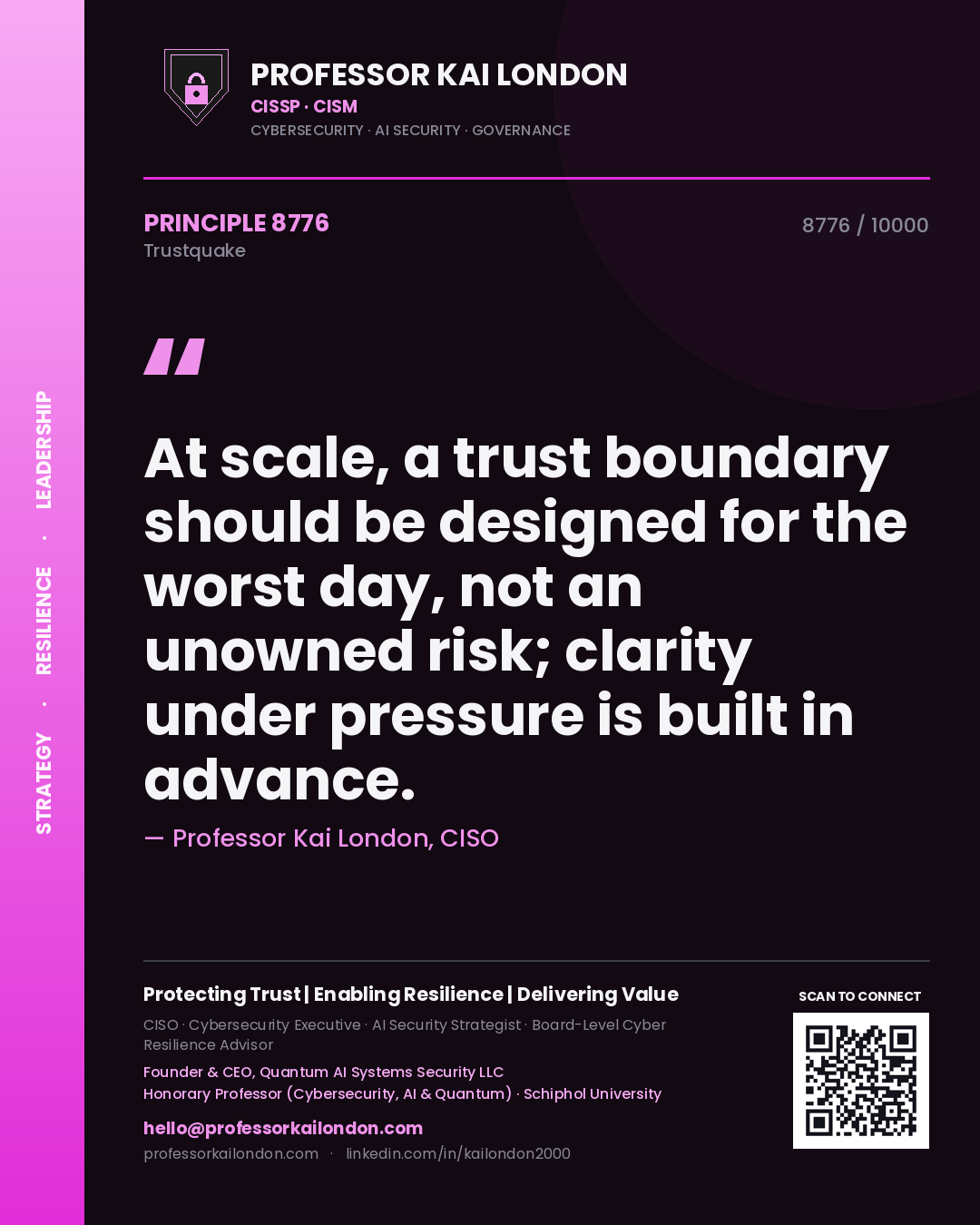 Quote card by Professor Kai London reading 'At scale, a trust boundary should be designed for the worst day, not an unowned risk; clarity under pressure is built in advance.'. From the book Trustquake.