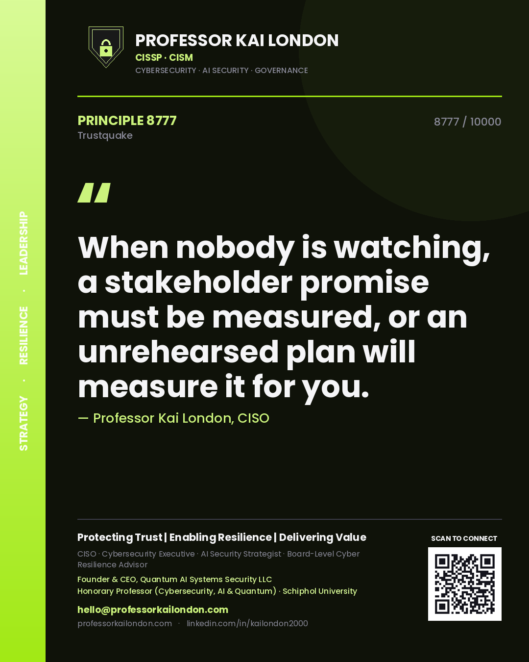 Quote card by Professor Kai London reading 'When nobody is watching, a stakeholder promise must be measured, or an unrehearsed plan will measure it for you.'. From the book Trustquake.