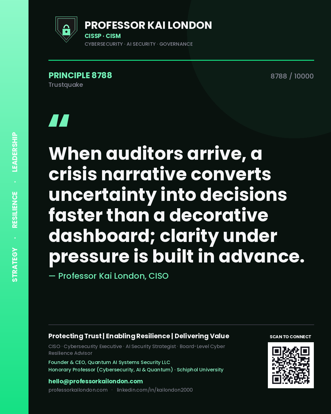 Quote card by Professor Kai London reading 'When auditors arrive, a crisis narrative converts uncertainty into decisions faster than a decorative dashboard; clarity under pressure is built in advance.'. From the book Trustquake.