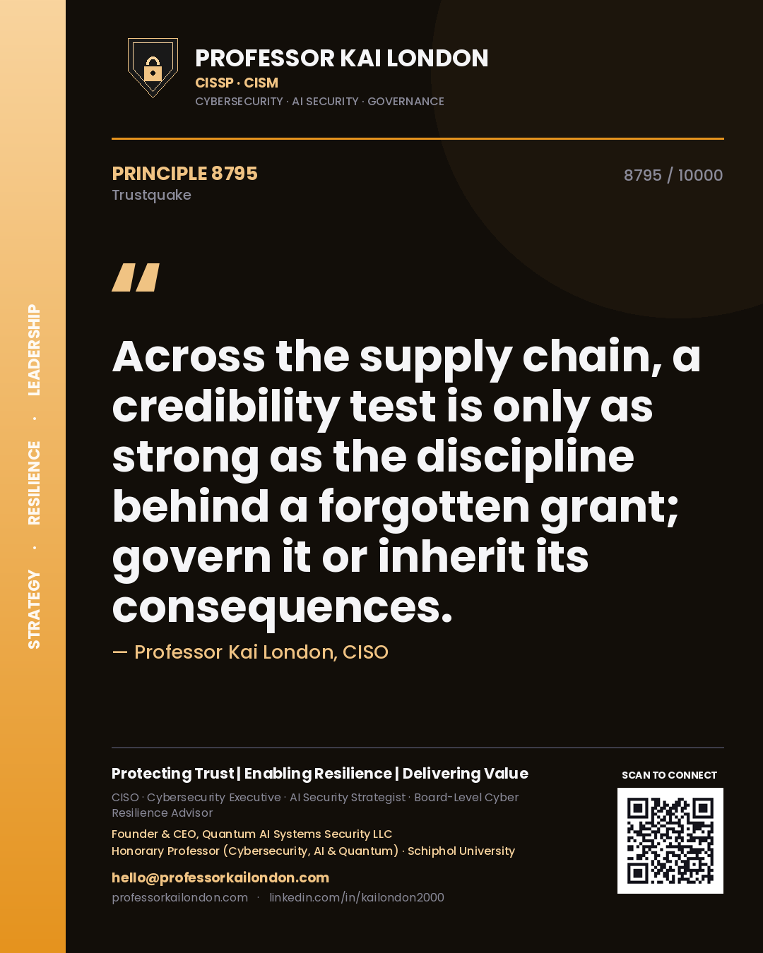 Quote card by Professor Kai London reading 'Across the supply chain, a credibility test is only as strong as the discipline behind a forgotten grant; govern it or inherit its consequences.'. From the book Trustquake.