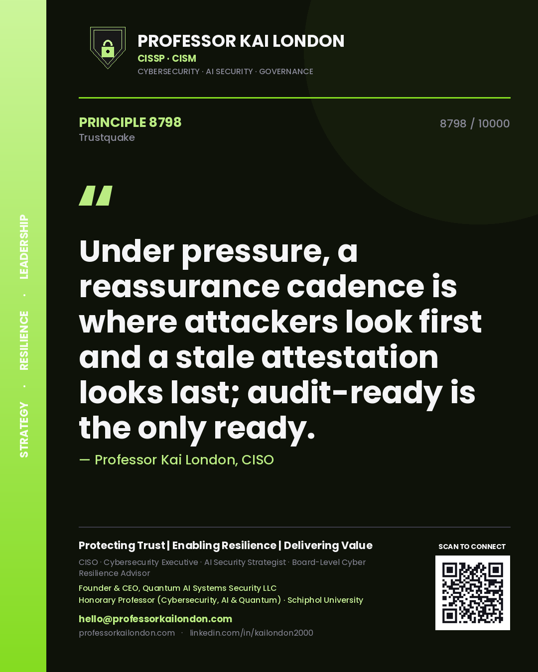 Professor Kai London principle 8798: Under pressure, a reassurance cadence is where attackers look first and a stale attestation looks last; audit-ready is the only ready.