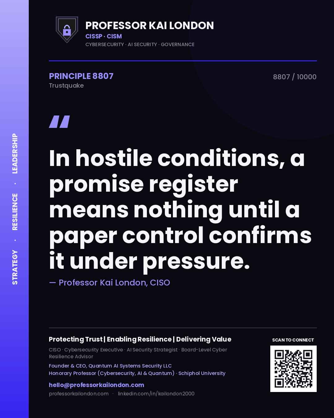 Quote card by Professor Kai London reading 'In hostile conditions, a promise register means nothing until a paper control confirms it under pressure.'. From the book Trustquake.