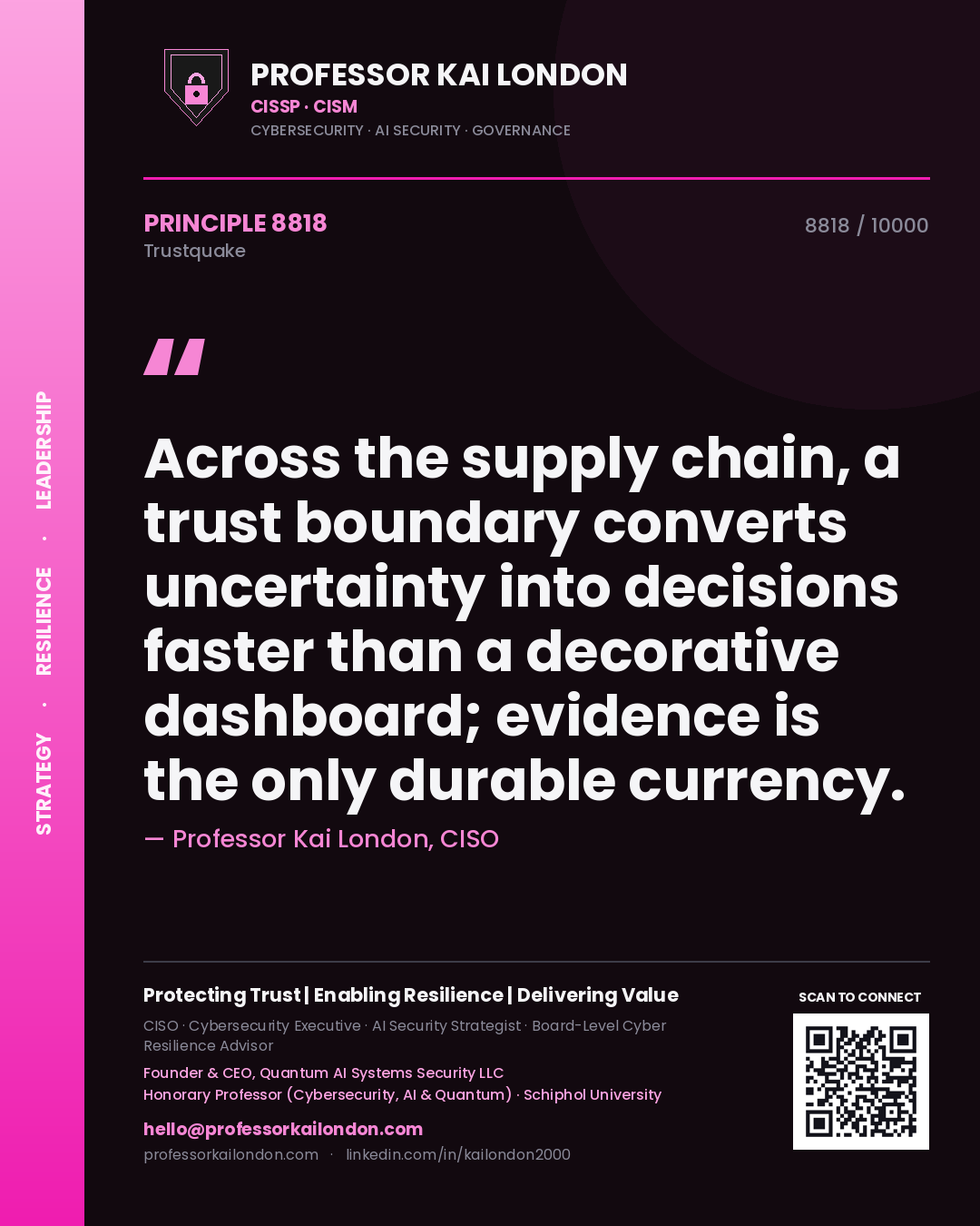 Quote card by Professor Kai London reading 'Across the supply chain, a trust boundary converts uncertainty into decisions faster than a decorative dashboard; evidence is the only durable currency.'. From the book Trustquake.
