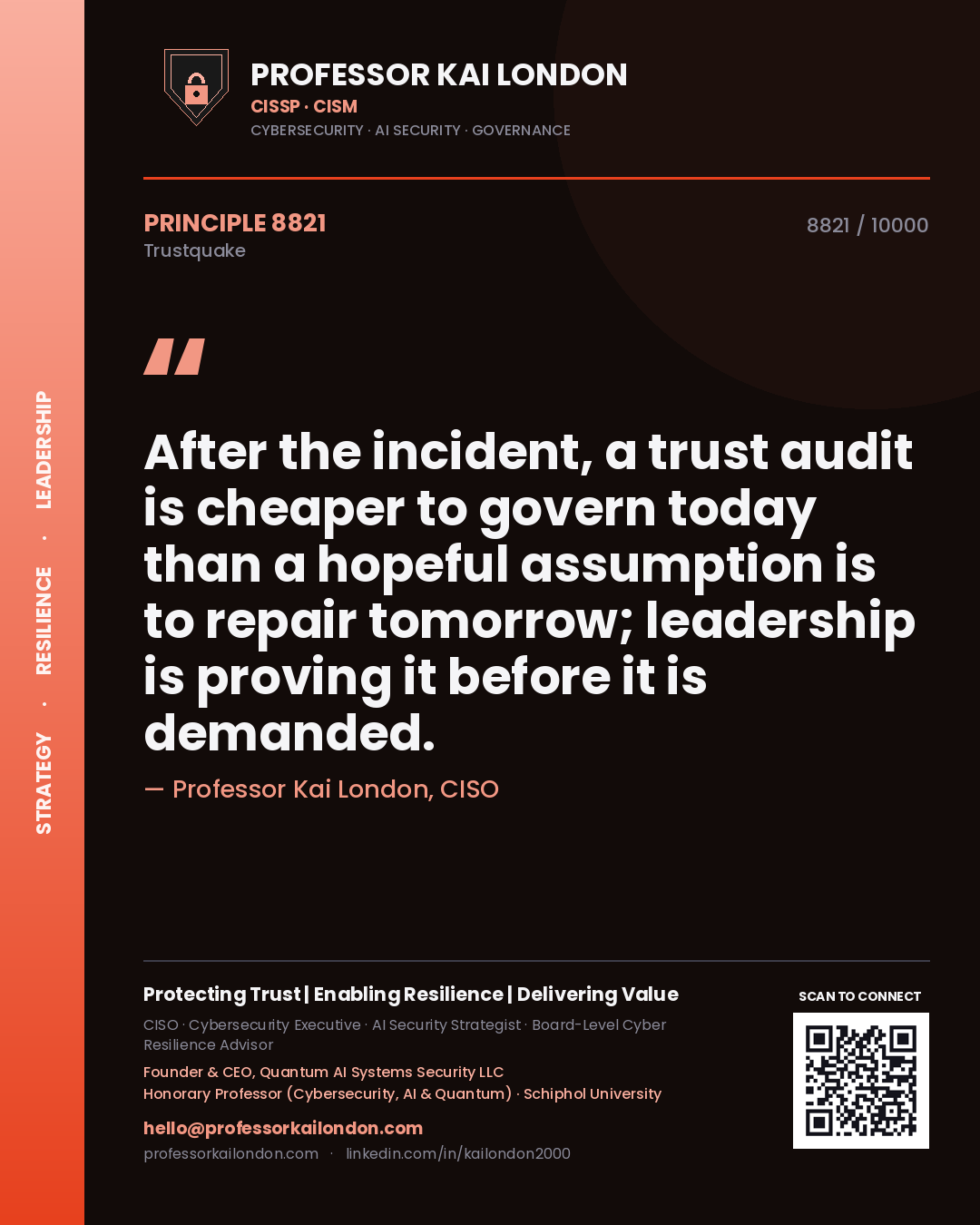 Quote card by Professor Kai London reading 'After the incident, a trust audit is cheaper to govern today than a hopeful assumption is to repair tomorrow; leadership is proving it before it is demanded.'. From the book Trustquake.