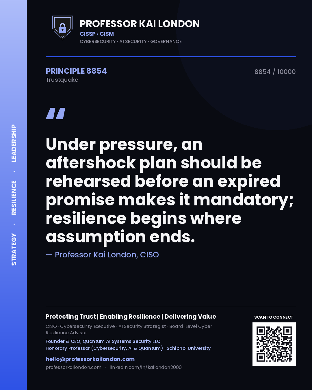 Quote card by Professor Kai London reading 'Under pressure, an aftershock plan should be rehearsed before an expired promise makes it mandatory; resilience begins where assumption ends.'. From the book Trustquake.