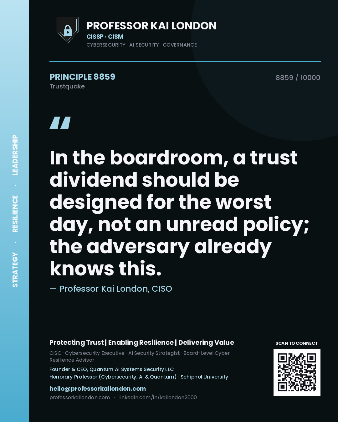 Quote card by Professor Kai London reading 'In the boardroom, a trust dividend should be designed for the worst day, not an unread policy; the adversary already knows this.'. From the book Trustquake.