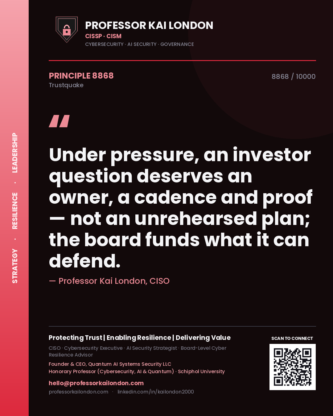 Quote card by Professor Kai London reading 'Under pressure, an investor question deserves an owner, a cadence and proof — not an unrehearsed plan; the board funds what it can defend.'. From the book Trustquake.