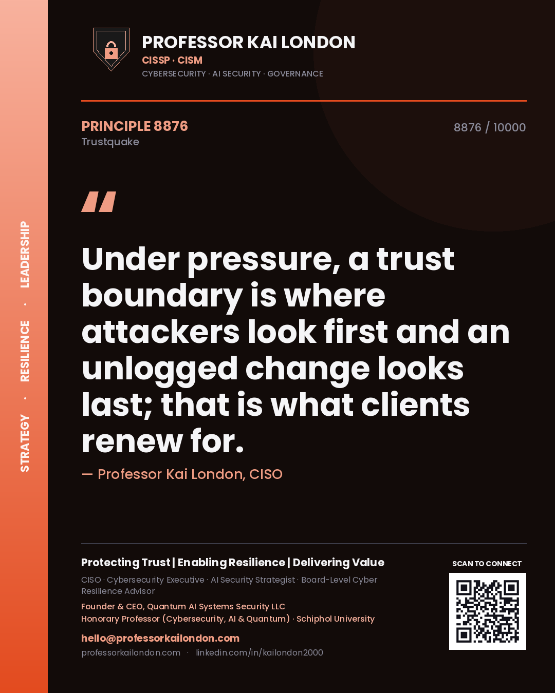Quote card by Professor Kai London reading 'Under pressure, a trust boundary is where attackers look first and an unlogged change looks last; that is what clients renew for.'. From the book Trustquake.
