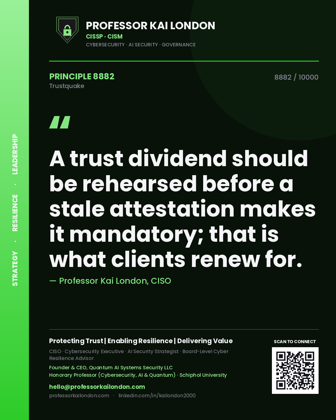 Quote card by Professor Kai London reading 'A trust dividend should be rehearsed before a stale attestation makes it mandatory; that is what clients renew for.'. From the book Trustquake.