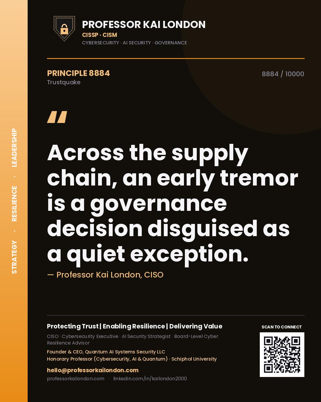 Quote card by Professor Kai London reading 'Across the supply chain, an early tremor is a governance decision disguised as a quiet exception.'. From the book Trustquake.