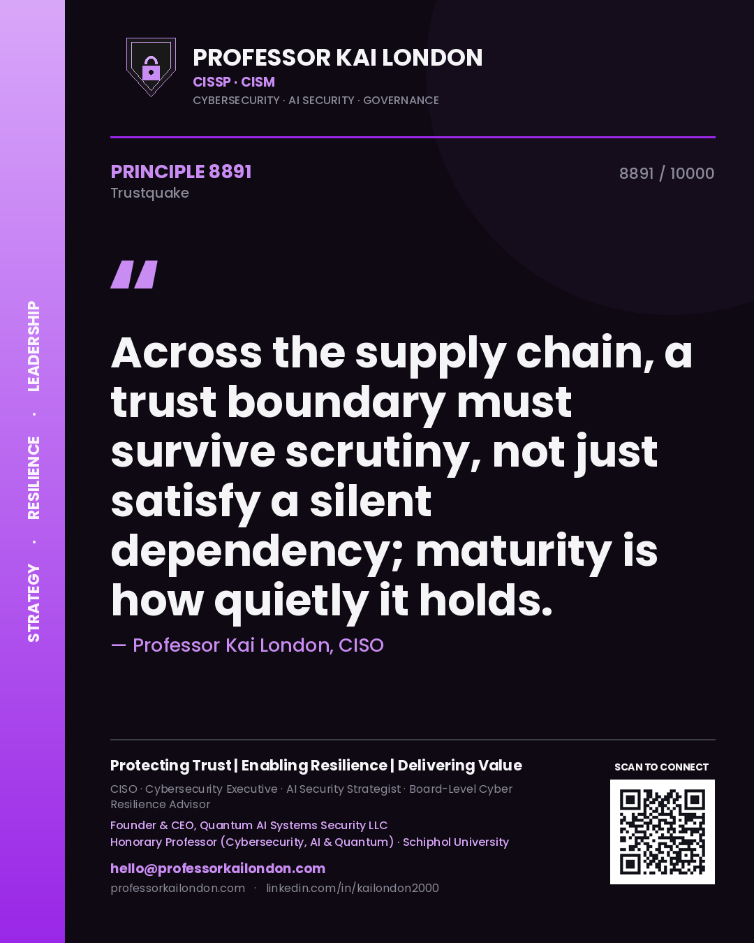 Quote card by Professor Kai London reading 'Across the supply chain, a trust boundary must survive scrutiny, not just satisfy a silent dependency; maturity is how quietly it holds.'. From the book Trustquake.