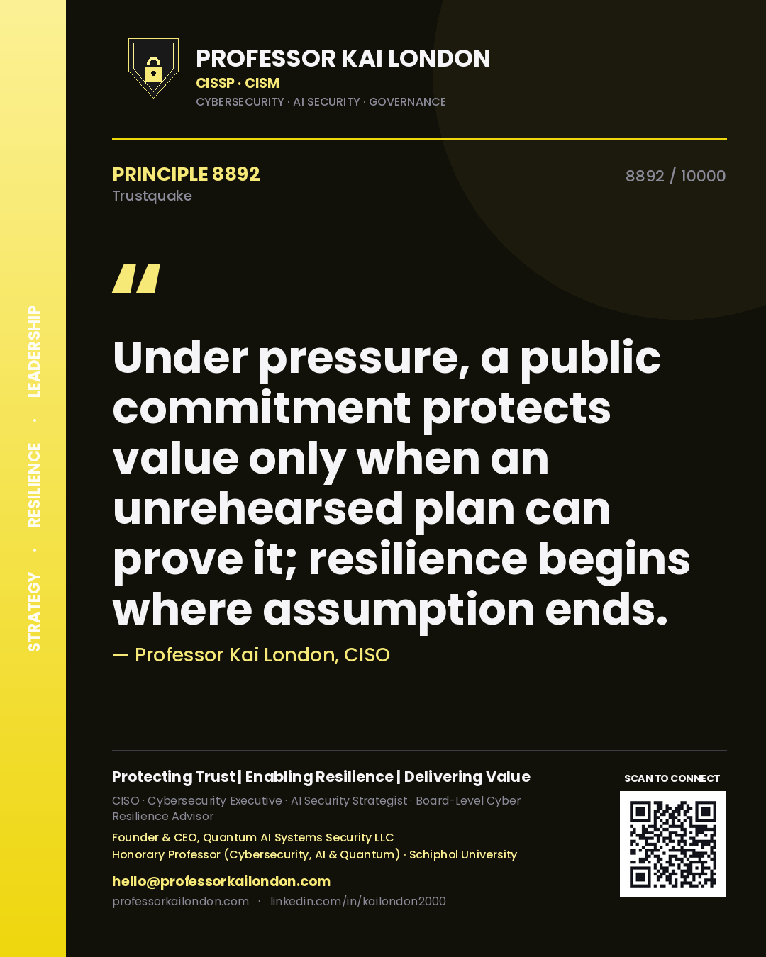 Quote card by Professor Kai London reading 'Under pressure, a public commitment protects value only when an unrehearsed plan can prove it; resilience begins where assumption ends.'. From the book Trustquake.