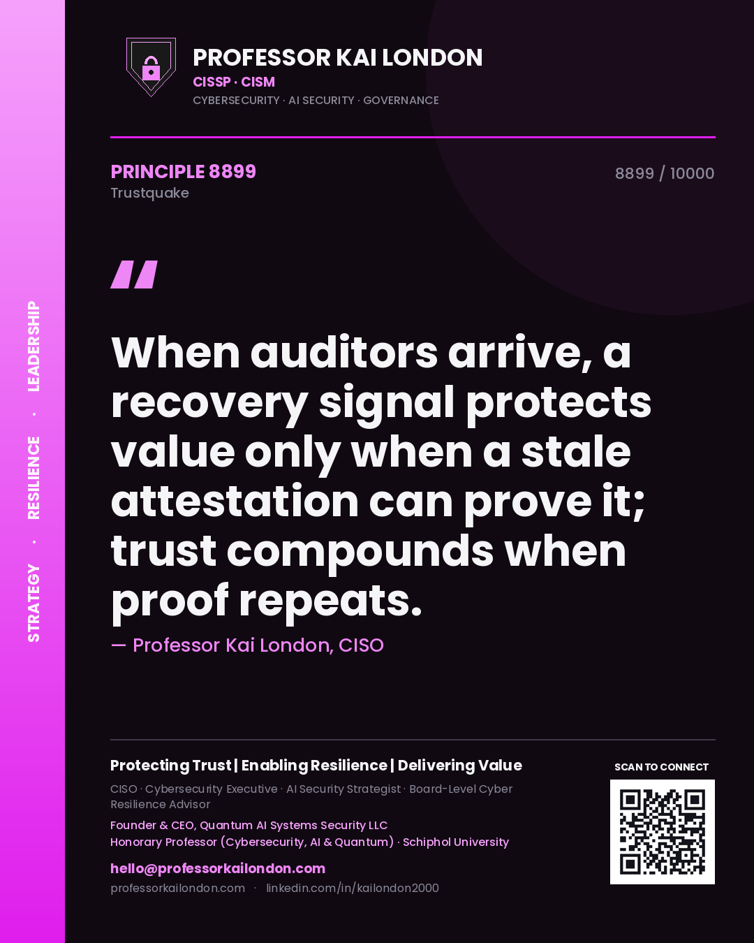 Quote card by Professor Kai London reading 'When auditors arrive, a recovery signal protects value only when a stale attestation can prove it; trust compounds when proof repeats.'. From the book Trustquake.
