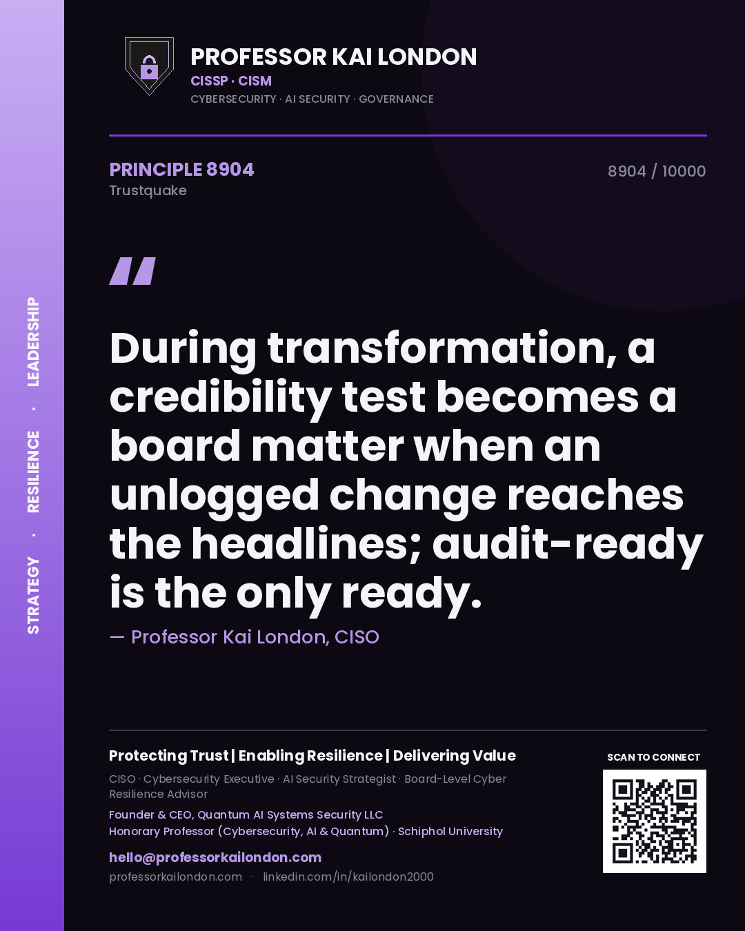 Professor Kai London principle 8904: During transformation, a credibility test becomes a board matter when an unlogged change reaches the headlines; audit-ready is the only ready.
