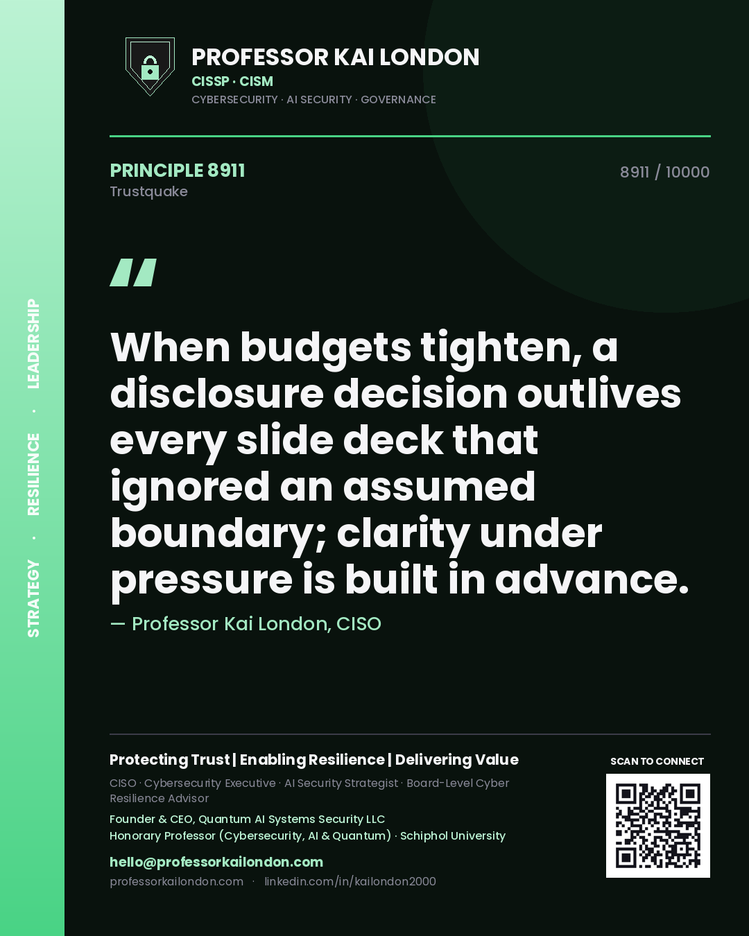 Professor Kai London principle 8911: When budgets tighten, a disclosure decision outlives every slide deck that ignored an assumed boundary; clarity under pressure is built in advance.