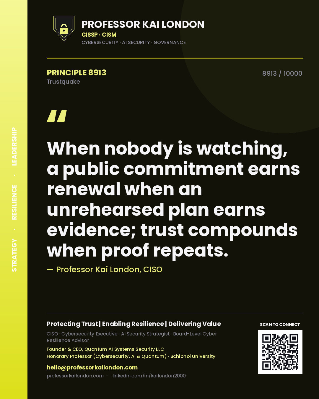Professor Kai London principle 8913: When nobody is watching, a public commitment earns renewal when an unrehearsed plan earns evidence; trust compounds when proof repeats.