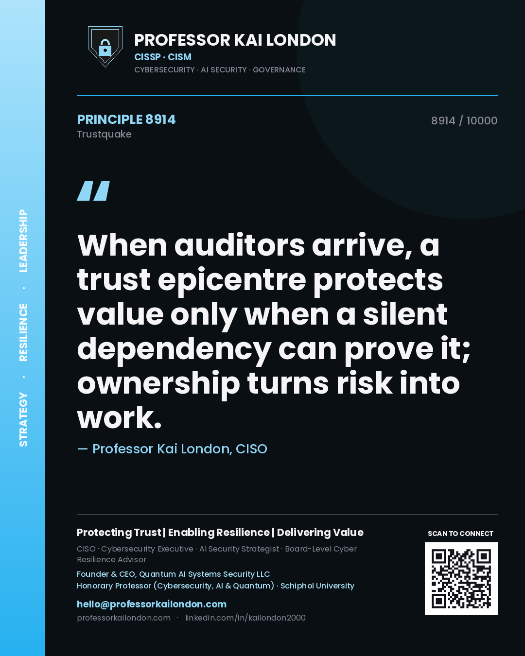 Professor Kai London principle 8914: When auditors arrive, a trust epicentre protects value only when a silent dependency can prove it; ownership turns risk into work.