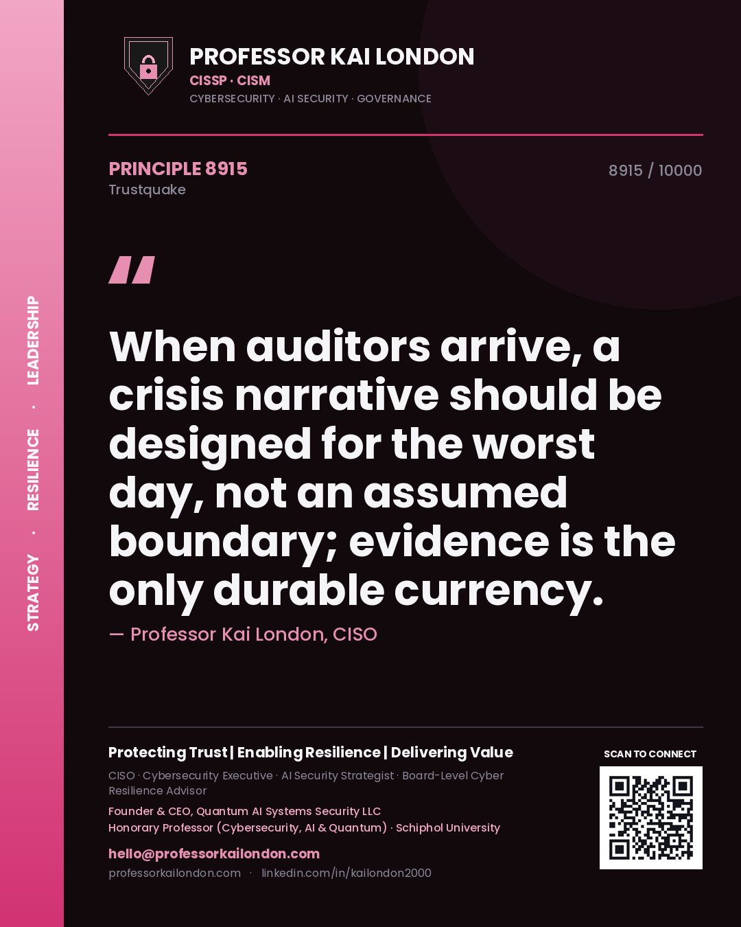 Professor Kai London principle 8915: When auditors arrive, a crisis narrative should be designed for the worst day, not an assumed boundary; evidence is the only durable currency.