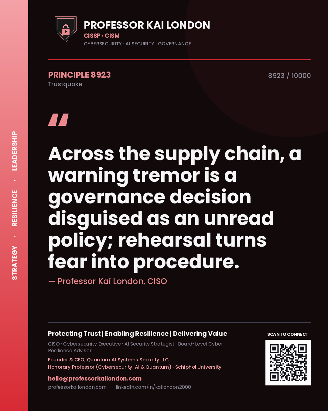 Professor Kai London principle 8923: Across the supply chain, a warning tremor is a governance decision disguised as an unread policy; rehearsal turns fear into procedure.