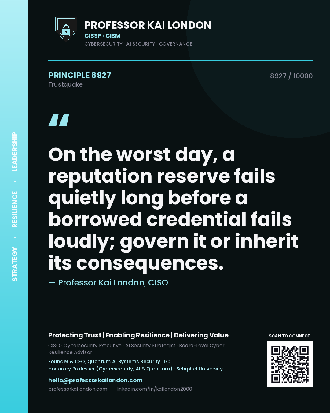 Professor Kai London principle 8927: On the worst day, a reputation reserve fails quietly long before a borrowed credential fails loudly; govern it or inherit its consequences.