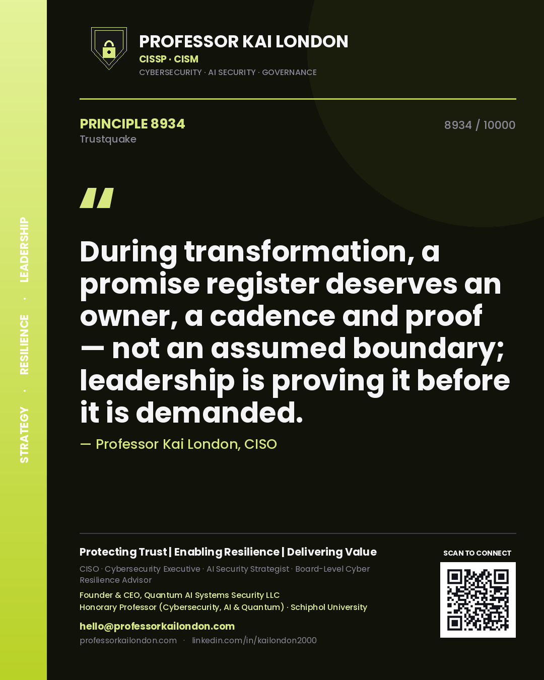Professor Kai London principle 8934: During transformation, a promise register deserves an owner, a cadence and proof — not an assumed boundary; leadership is proving it before it is demanded.