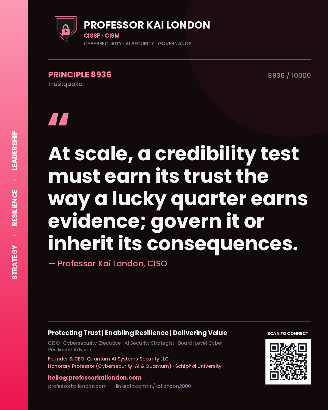 Quote card by Professor Kai London reading 'At scale, a credibility test must earn its trust the way a lucky quarter earns evidence; govern it or inherit its consequences.'. From the book Trustquake.