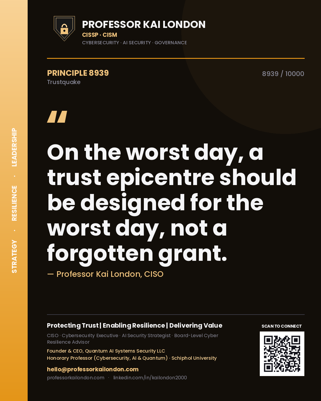 Quote card by Professor Kai London reading 'On the worst day, a trust epicentre should be designed for the worst day, not a forgotten grant.'. From the book Trustquake.