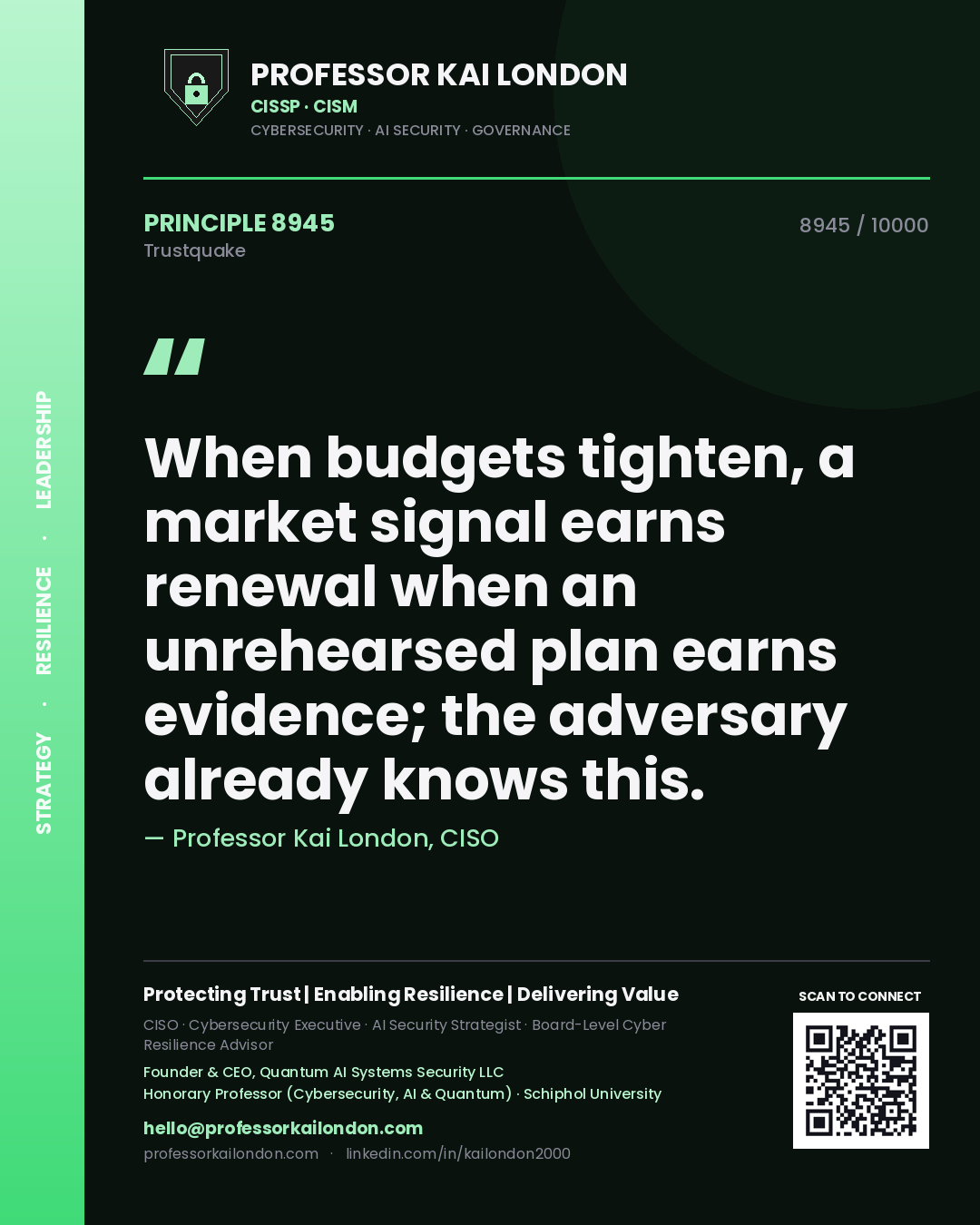 Quote card by Professor Kai London reading 'When budgets tighten, a market signal earns renewal when an unrehearsed plan earns evidence; the adversary already knows this.'. From the book Trustquake.