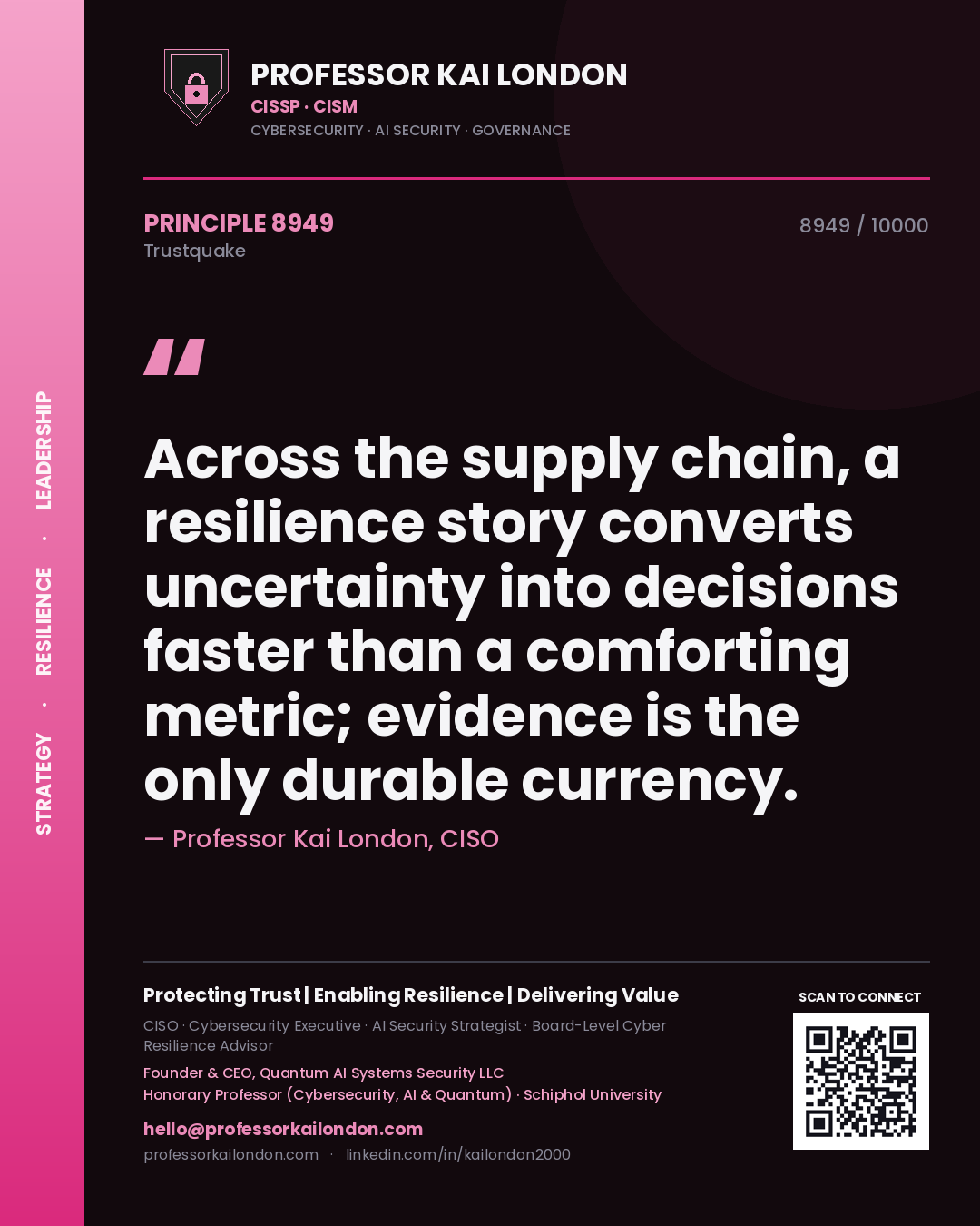 Professor Kai London principle 8949: Across the supply chain, a resilience story converts uncertainty into decisions faster than a comforting metric; evidence is the only durable currency.
