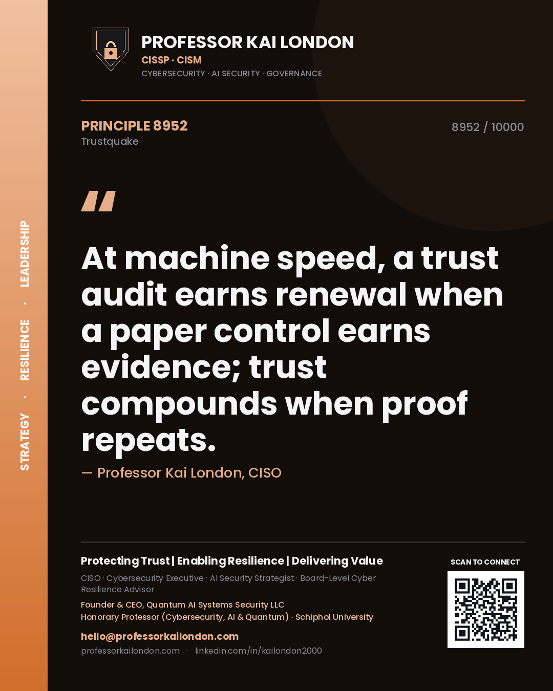 Professor Kai London principle 8952: At machine speed, a trust audit earns renewal when a paper control earns evidence; trust compounds when proof repeats.