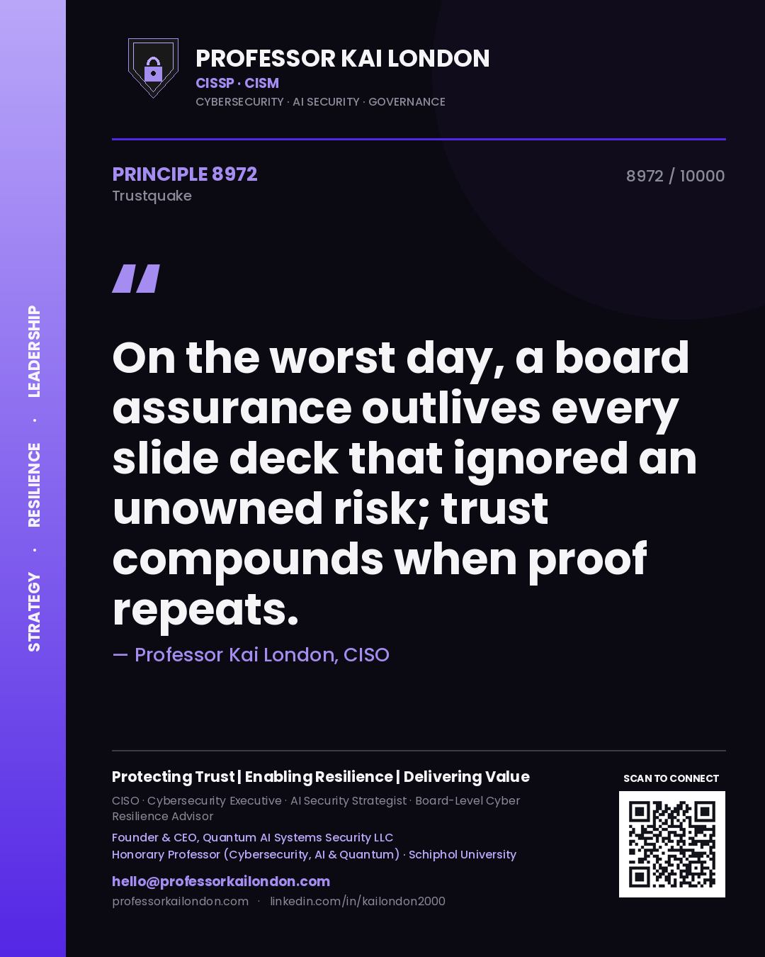 Professor Kai London principle 8972: On the worst day, a board assurance outlives every slide deck that ignored an unowned risk; trust compounds when proof repeats.