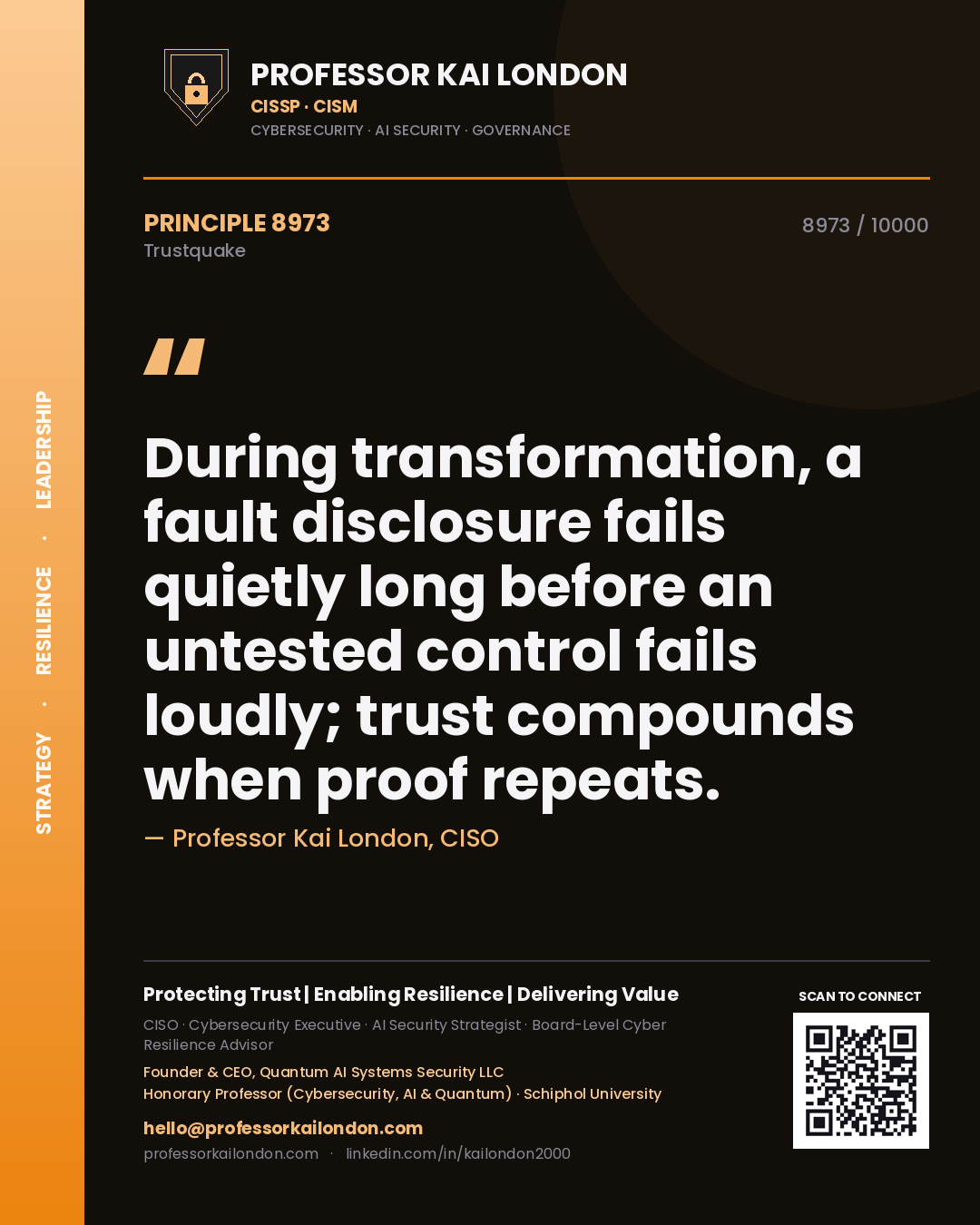 Professor Kai London principle 8973: During transformation, a fault disclosure fails quietly long before an untested control fails loudly; trust compounds when proof repeats.