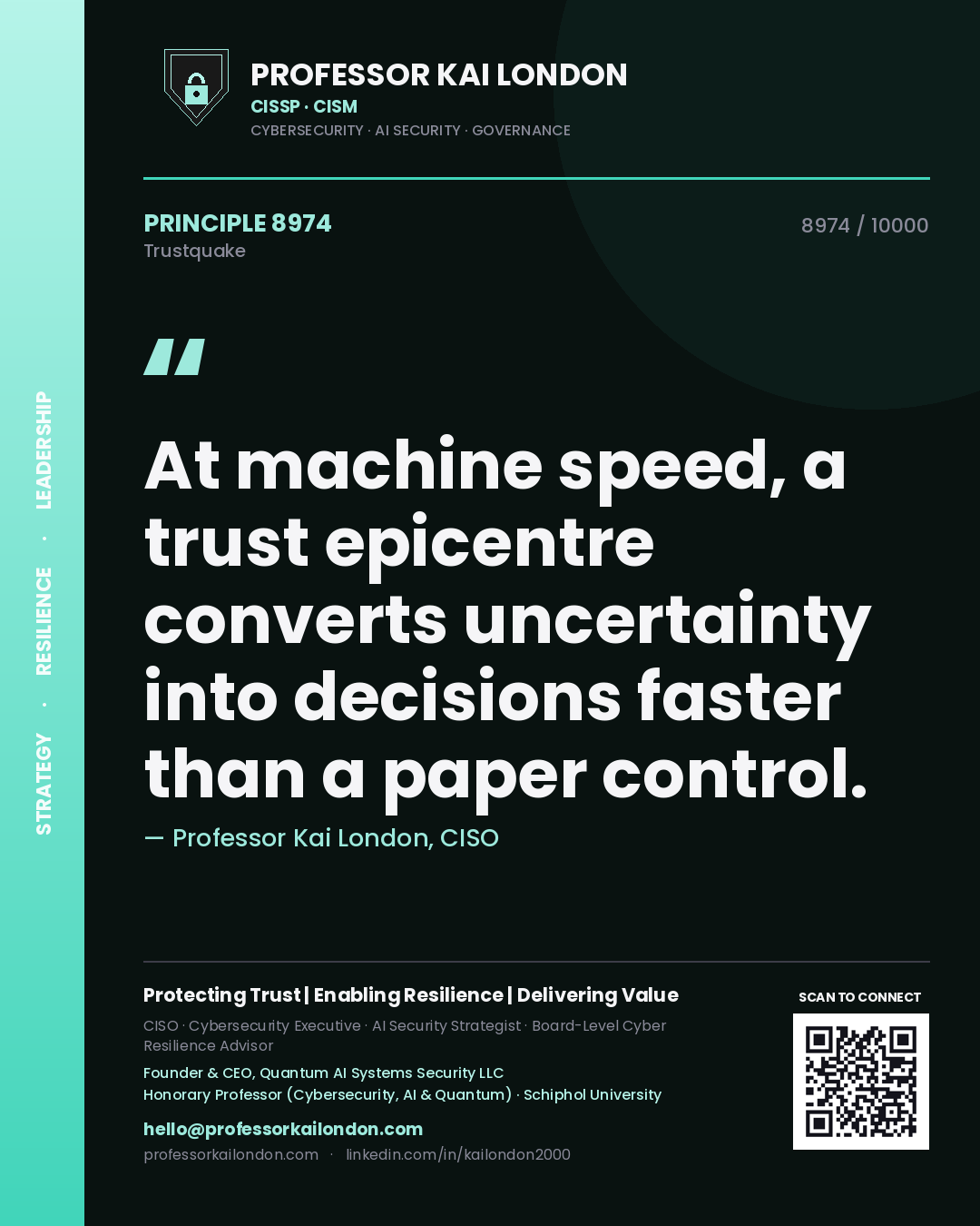 Professor Kai London principle 8974: At machine speed, a trust epicentre converts uncertainty into decisions faster than a paper control.