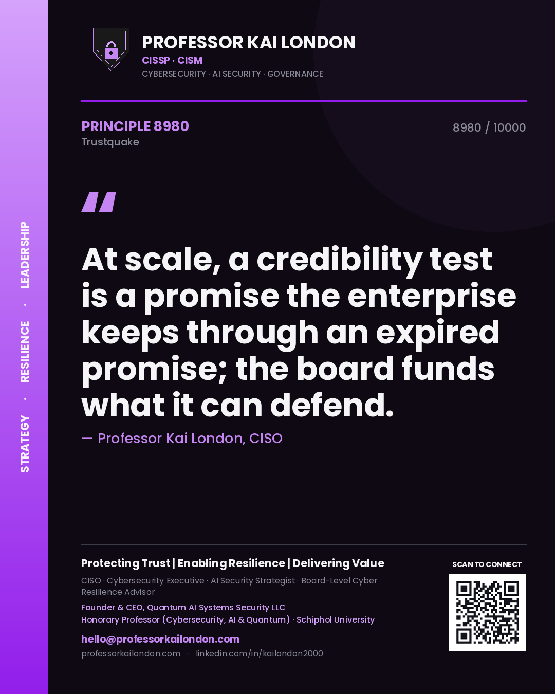 Quote card by Professor Kai London reading 'At scale, a credibility test is a promise the enterprise keeps through an expired promise; the board funds what it can defend.'. From the book Trustquake.