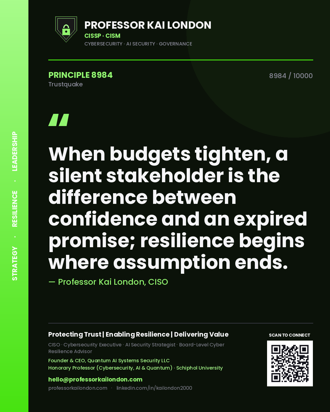 Quote card by Professor Kai London reading 'When budgets tighten, a silent stakeholder is the difference between confidence and an expired promise; resilience begins where assumption ends.'. From the book Trustquake.