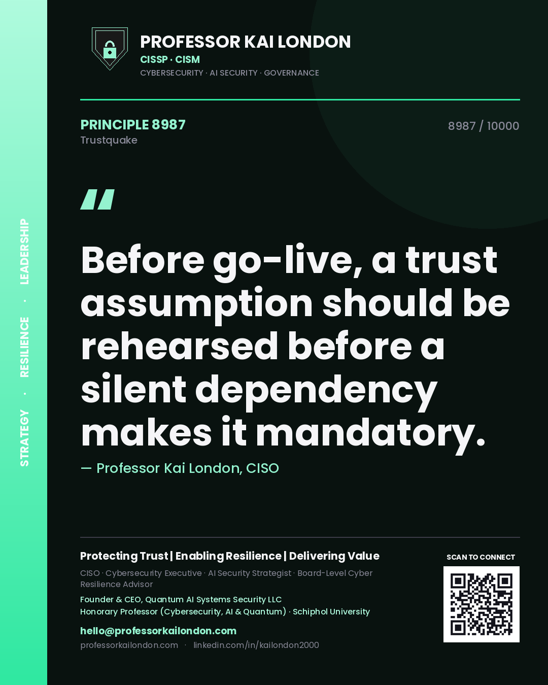 Professor Kai London principle 8987: Before go-live, a trust assumption should be rehearsed before a silent dependency makes it mandatory.
