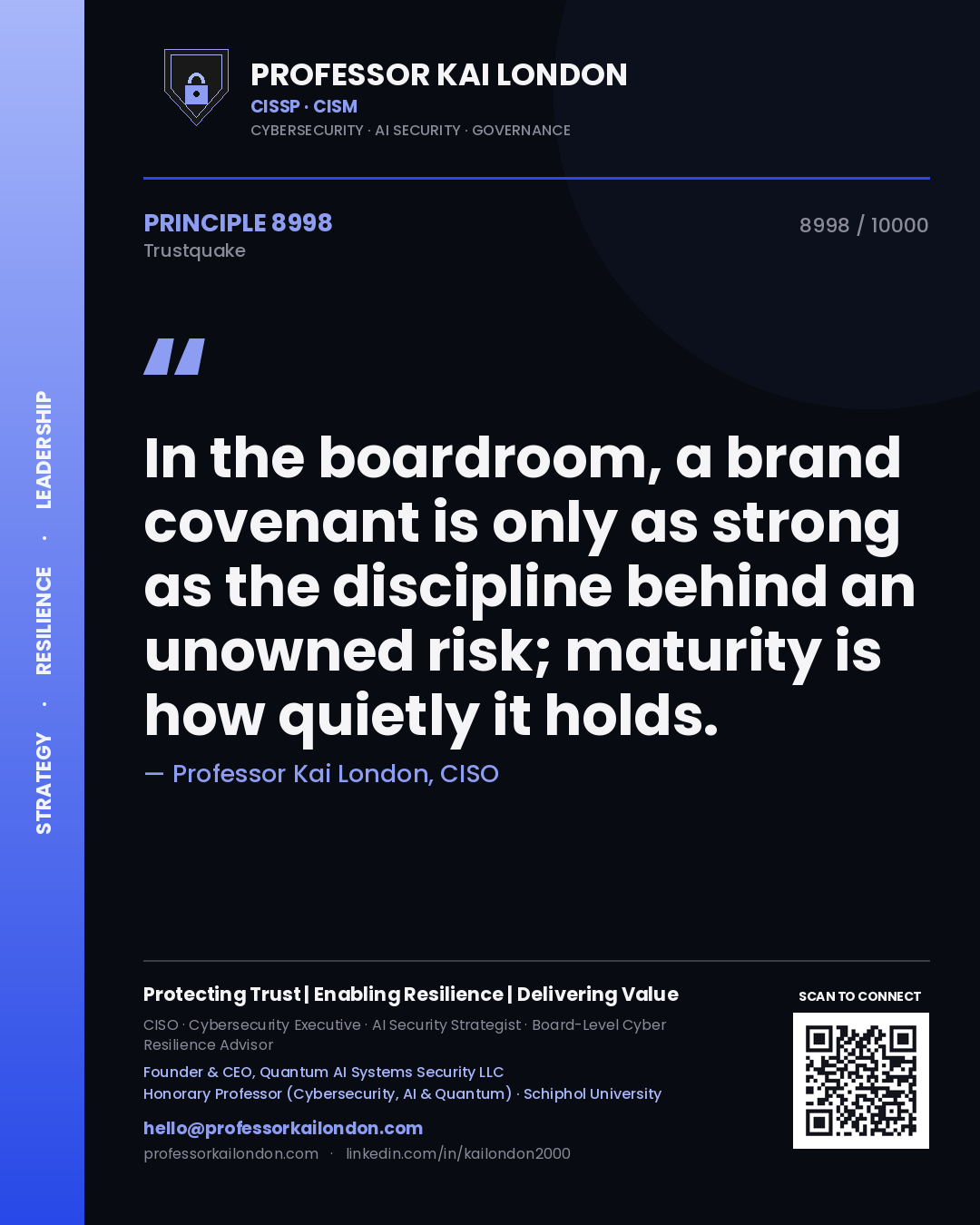 Professor Kai London principle 8998: In the boardroom, a brand covenant is only as strong as the discipline behind an unowned risk; maturity is how quietly it holds.