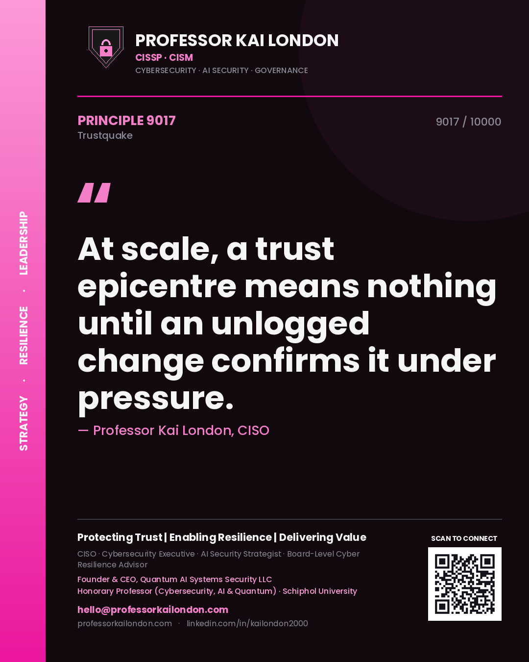 Quote card by Professor Kai London reading 'At scale, a trust epicentre means nothing until an unlogged change confirms it under pressure.'. From the book Trustquake.