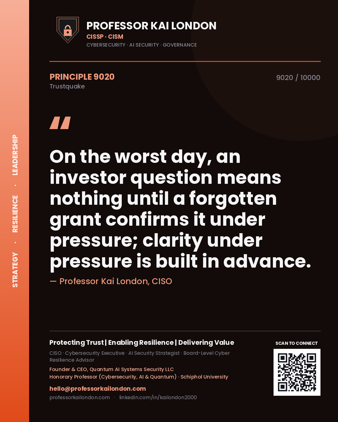 Professor Kai London principle 9020: On the worst day, an investor question means nothing until a forgotten grant confirms it under pressure; clarity under pressure is built in advance.