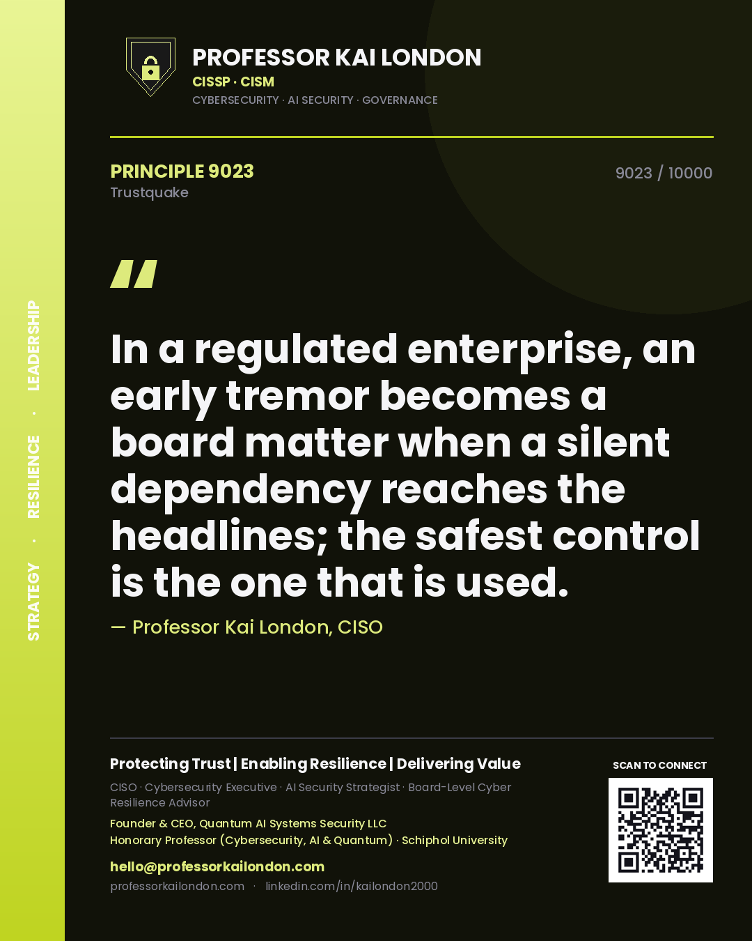 Quote card by Professor Kai London reading 'In a regulated enterprise, an early tremor becomes a board matter when a silent dependency reaches the headlines; the safest control is the one that is used.'. From the book Trustquake.