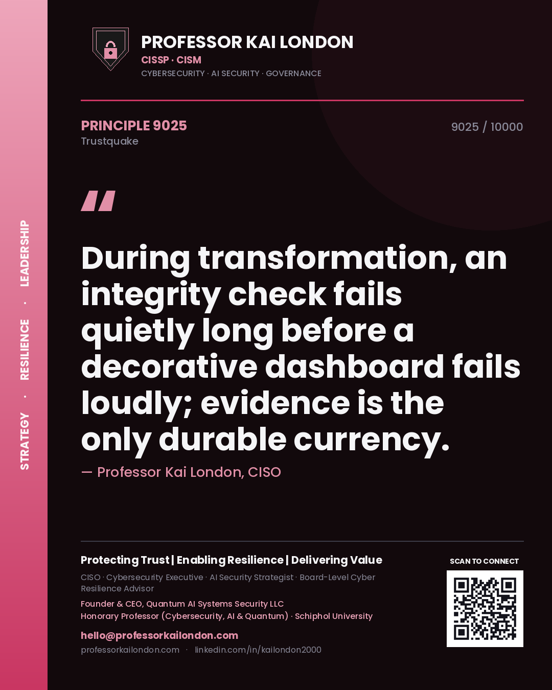 Quote card by Professor Kai London reading 'During transformation, an integrity check fails quietly long before a decorative dashboard fails loudly; evidence is the only durable currency.'. From the book Trustquake.