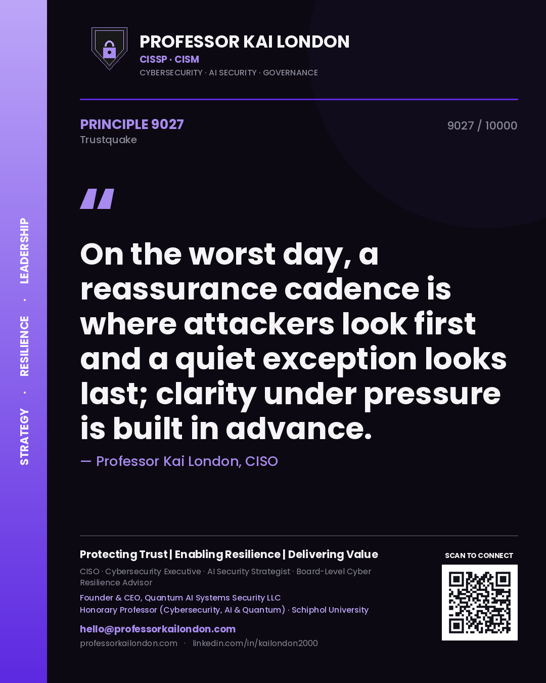 Quote card by Professor Kai London reading 'On the worst day, a reassurance cadence is where attackers look first and a quiet exception looks last; clarity under pressure is built in advance.'. From the book Trustquake.