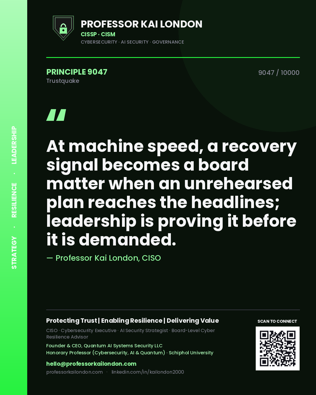 Professor Kai London principle 9047: At machine speed, a recovery signal becomes a board matter when an unrehearsed plan reaches the headlines; leadership is proving it before it is demanded.