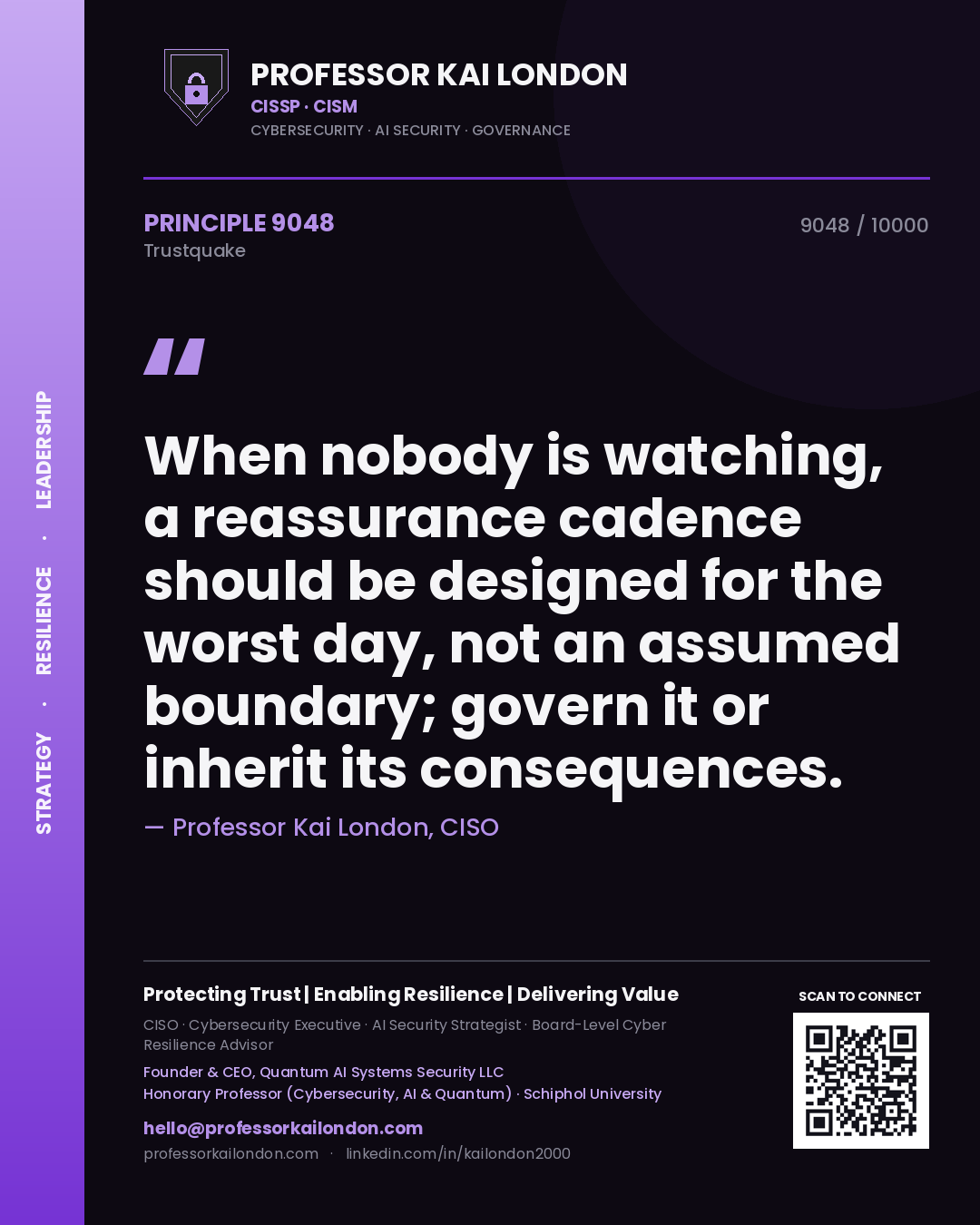 Quote card by Professor Kai London reading 'When nobody is watching, a reassurance cadence should be designed for the worst day, not an assumed boundary; govern it or inherit its consequences.'. From the book Trustquake.
