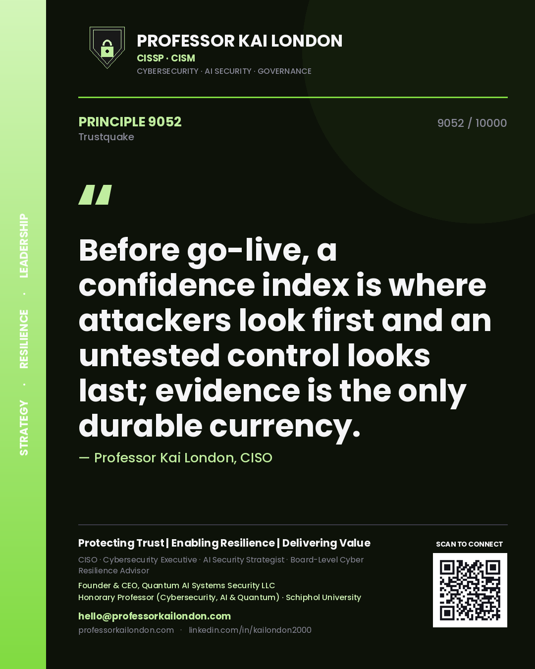 Quote card by Professor Kai London reading 'Before go-live, a confidence index is where attackers look first and an untested control looks last; evidence is the only durable currency.'. From the book Trustquake.