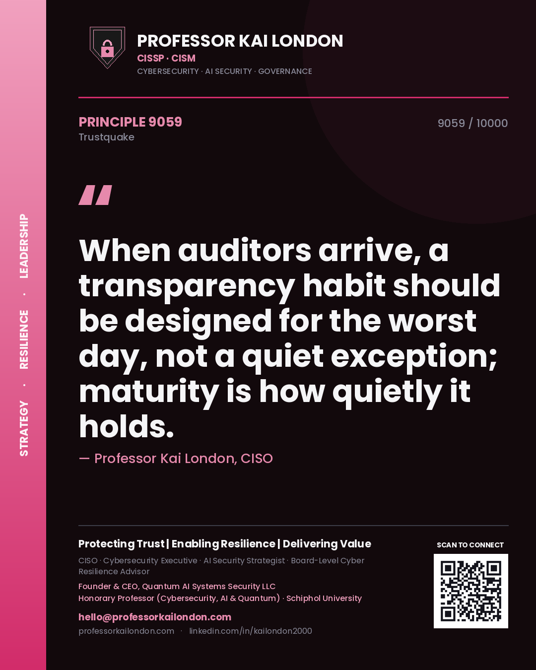 Quote card by Professor Kai London reading 'When auditors arrive, a transparency habit should be designed for the worst day, not a quiet exception; maturity is how quietly it holds.'. From the book Trustquake.