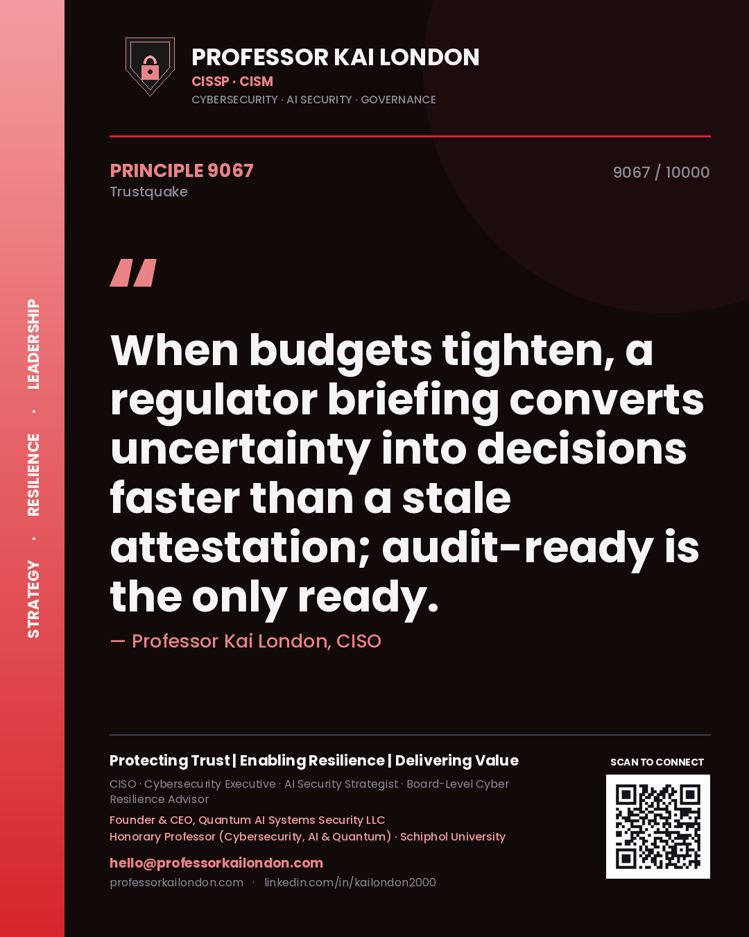 Quote card by Professor Kai London reading 'When budgets tighten, a regulator briefing converts uncertainty into decisions faster than a stale attestation; audit-ready is the only ready.'. From the book Trustquake.