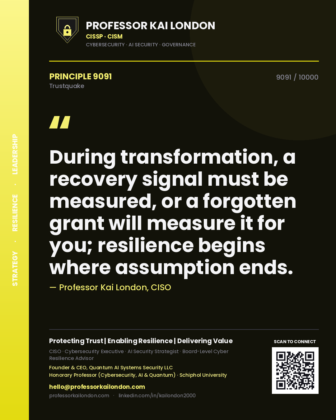 Quote card by Professor Kai London reading 'During transformation, a recovery signal must be measured, or a forgotten grant will measure it for you; resilience begins where assumption ends.'. From the book Trustquake.