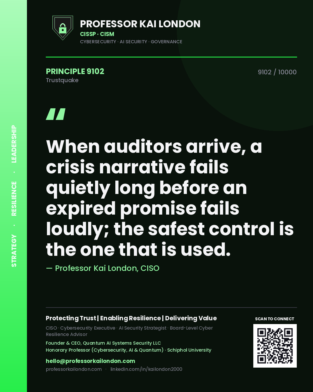 Quote card by Professor Kai London reading 'When auditors arrive, a crisis narrative fails quietly long before an expired promise fails loudly; the safest control is the one that is used.'. From the book Trustquake.