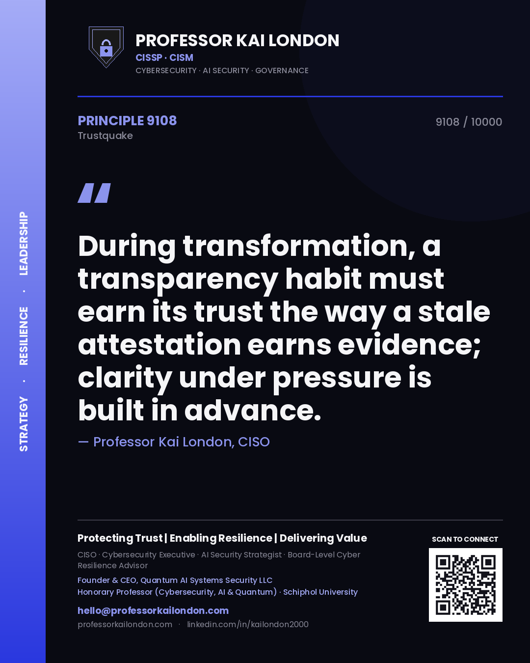 Professor Kai London principle 9108: During transformation, a transparency habit must earn its trust the way a stale attestation earns evidence; clarity under pressure is built in advance.